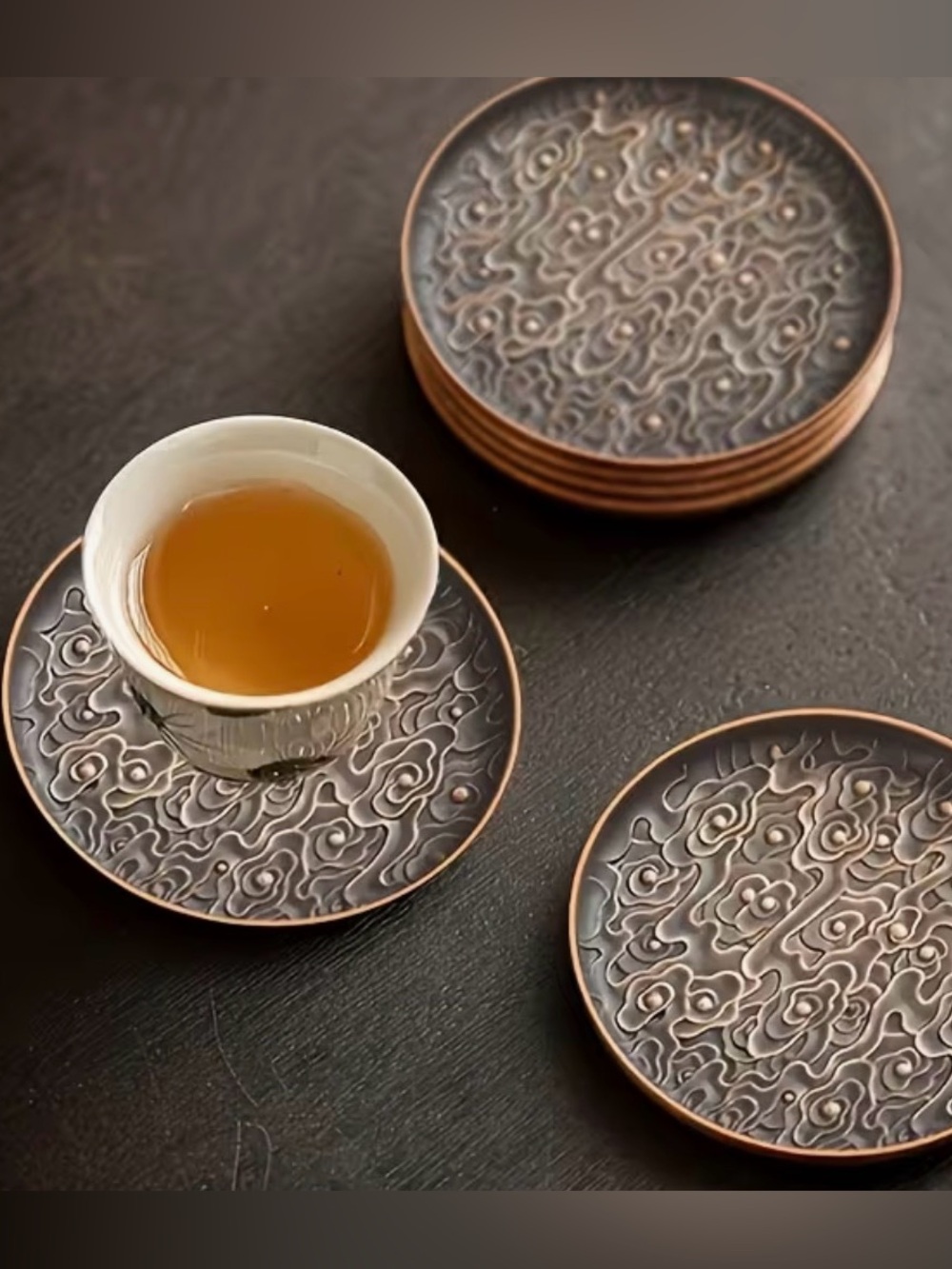 **NEW** Set of 4 Decorative Metal Coasters - Embossed Swirl Pattern, Dark Bronze